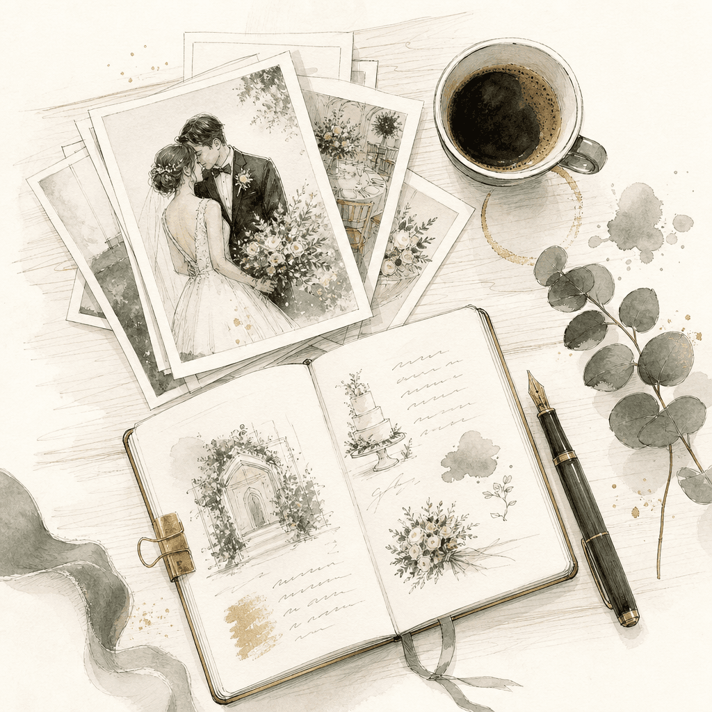 Prints, an open notebook of sketches, and coffee on a desk