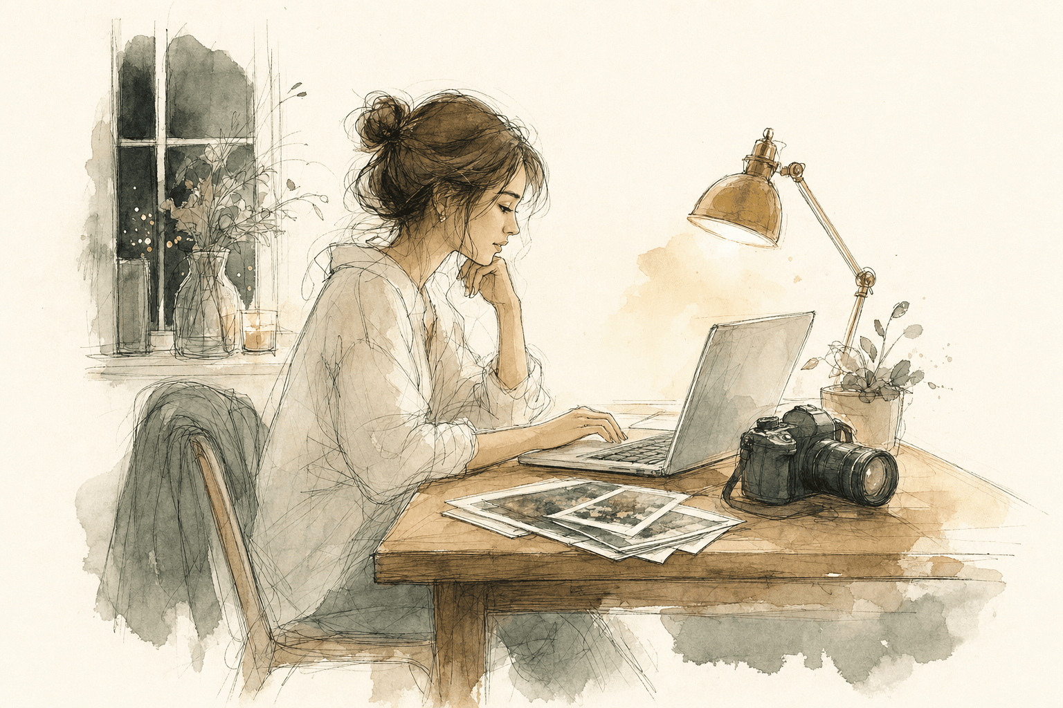 A photographer at her desk at night, uploading one finished gallery