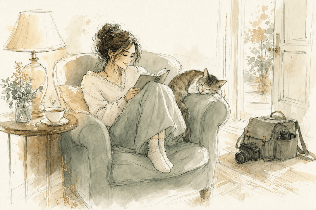 Later that night: reading in an armchair, the cat asleep, the camera bag resting by the door