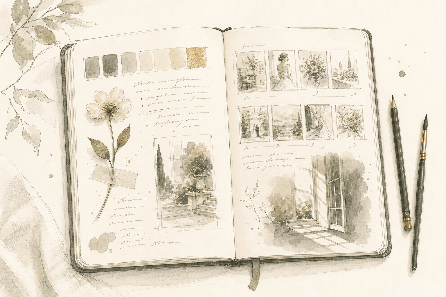 An open style journal with color swatches, sequence sketches and pressed flowers